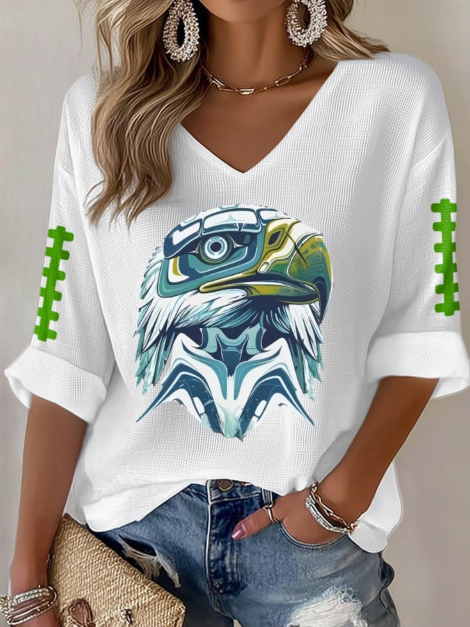 Women's Rugby Print Waffle Long Sleeve T-Shirt