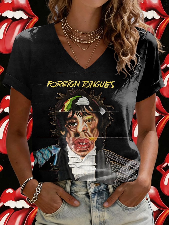 Women's V-Neck Retro Foreign Tongues Print T-shirt