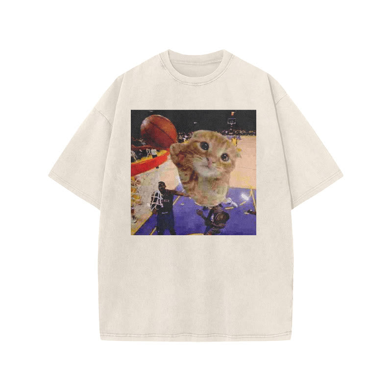 Orange Cats Playing Basketball Print Acid Washed T-shirt
