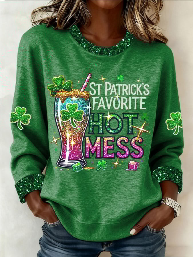 Women's St. Patrick's Favorite Hot Mess Print Casual Sweatshirt