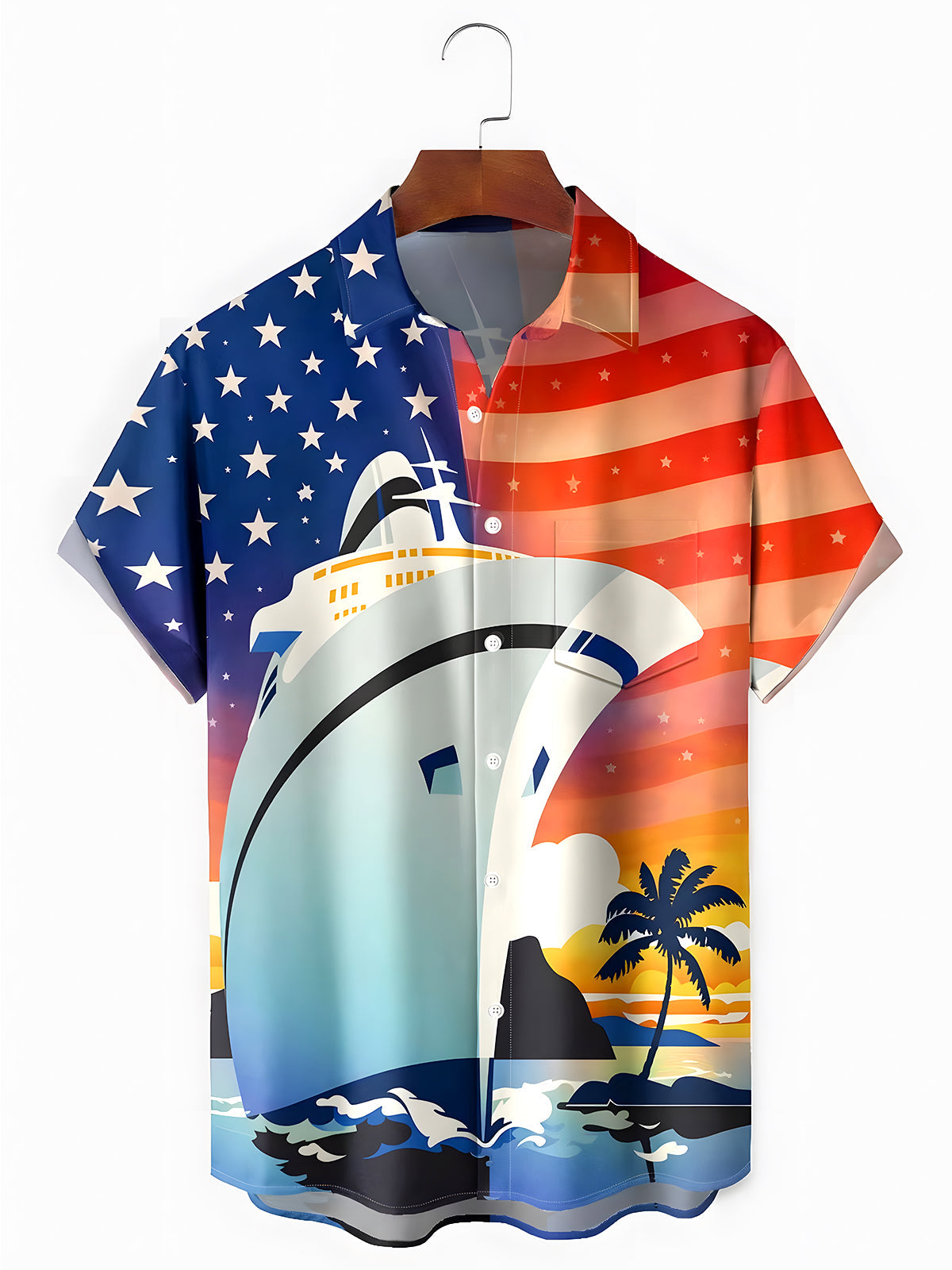Independence Day Boat Men's Pocket Short Sleeve Shirts