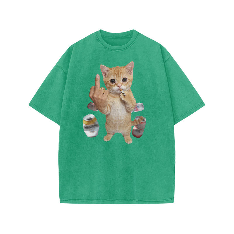 Dope Ass Cat Print Acid Washed T-shirt