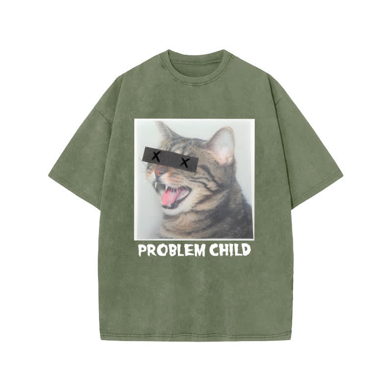 Unisex Problem Cat Art Print Acid Washed T-shirt