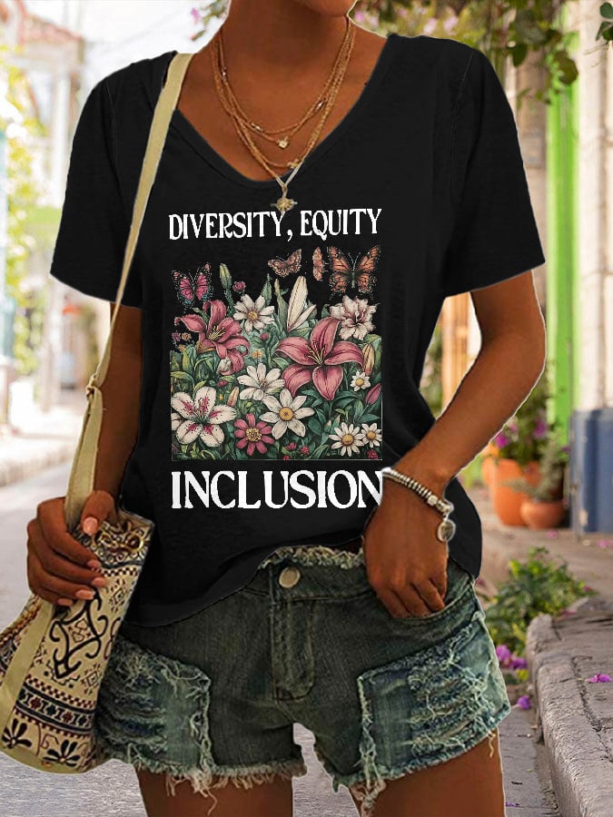 Women's Diversity Equity Inclusion Print V Neck T-Shirt