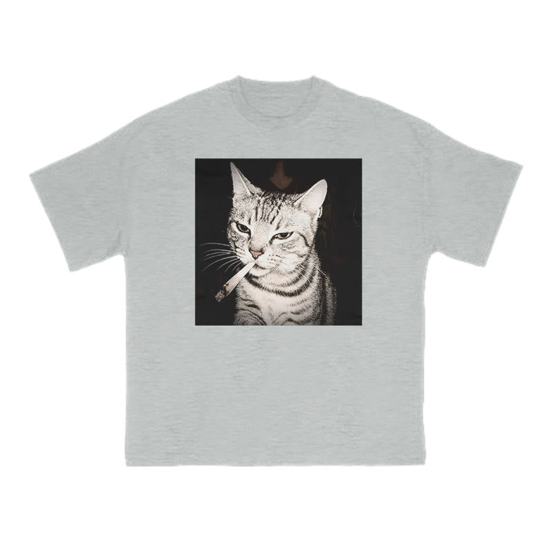 Unisex Smoking Tabby Cat Print T-shirt