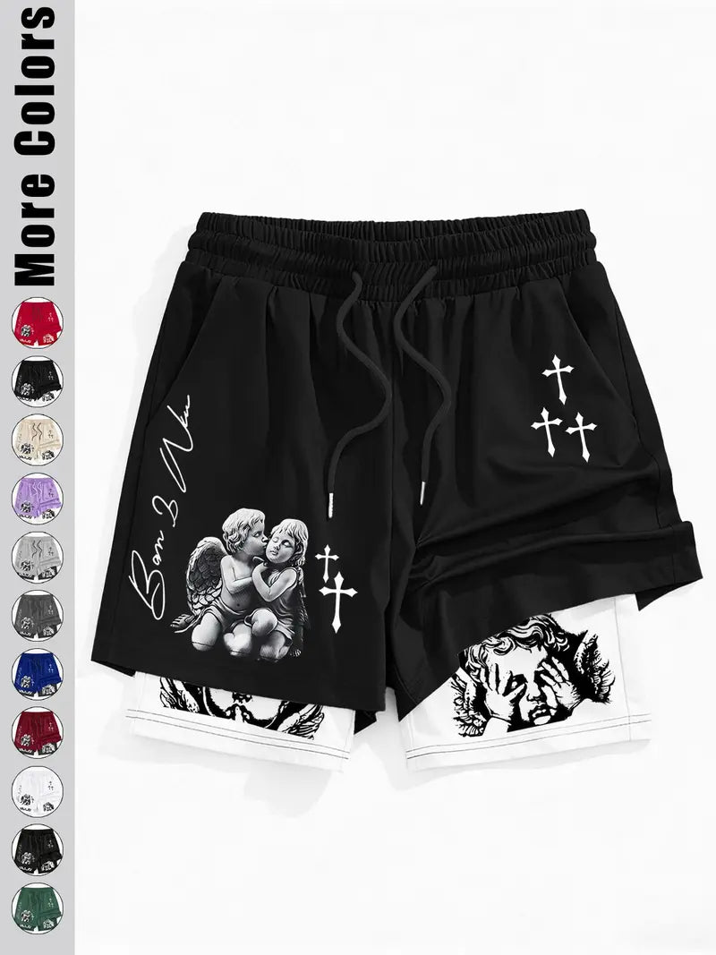 Unisex Angel Cross Print Double Layer Shorts