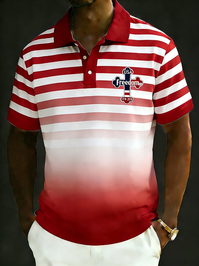 Men's Retro 250th Anniversary of the United States Print  Independence Day Cross Print Polo Shirt