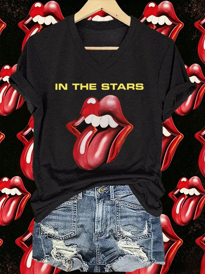 Women's V-Neck Retro Foreign Tongues Print T-shirt