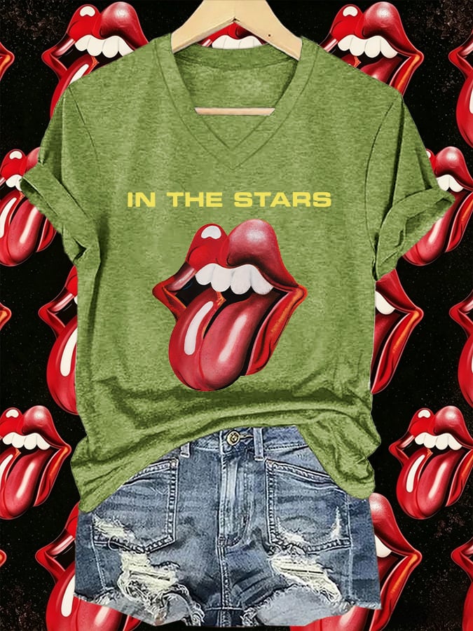 Women's V-Neck Retro Foreign Tongues Print T-shirt
