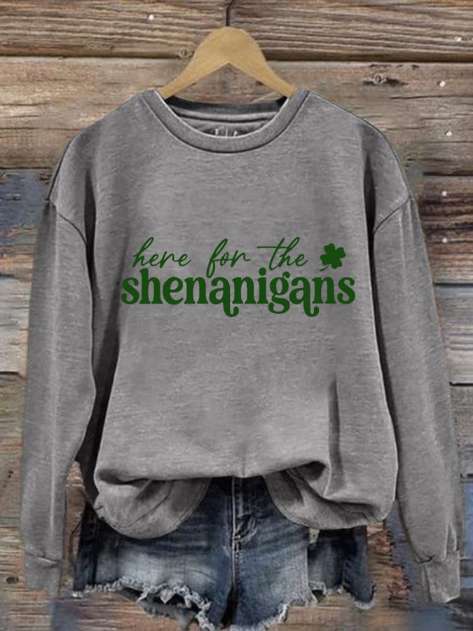 Women's Retro Irish St. Patrick's Day Here For The Shenanigans Print Crew Neck Long Sleeve Sweatshirt