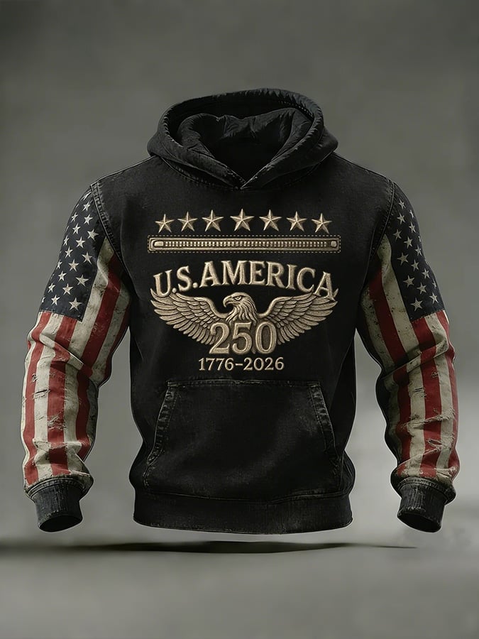 Men's Retro American 250th Anniversary Print Hooded Sweatshirt