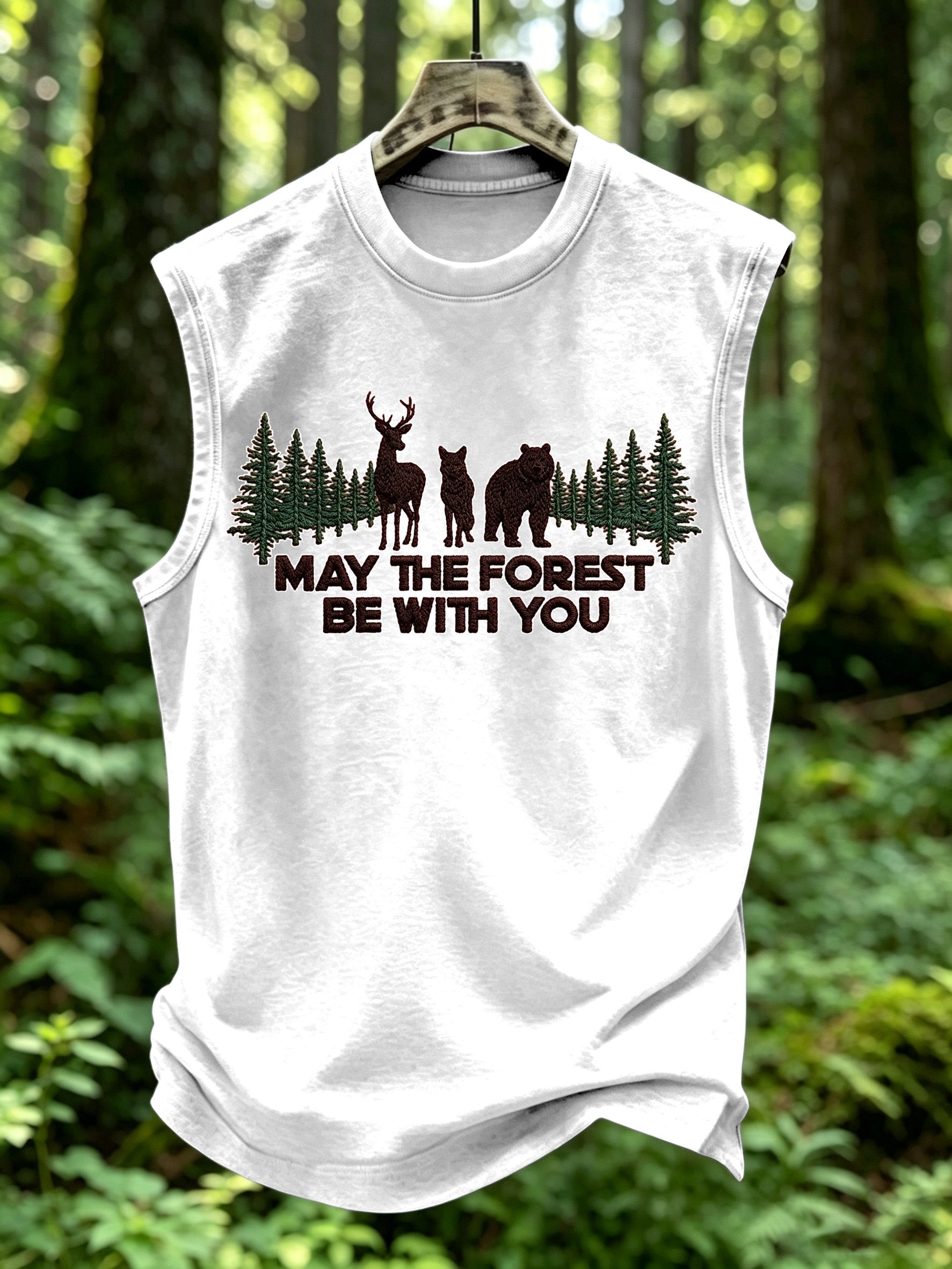 Men's Retro May The Forest Be With You Print Round Neck Vest