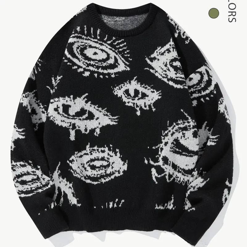 Unisex Simple Detailed Full-Length Graphic Knit Pullover Oversized Sweater