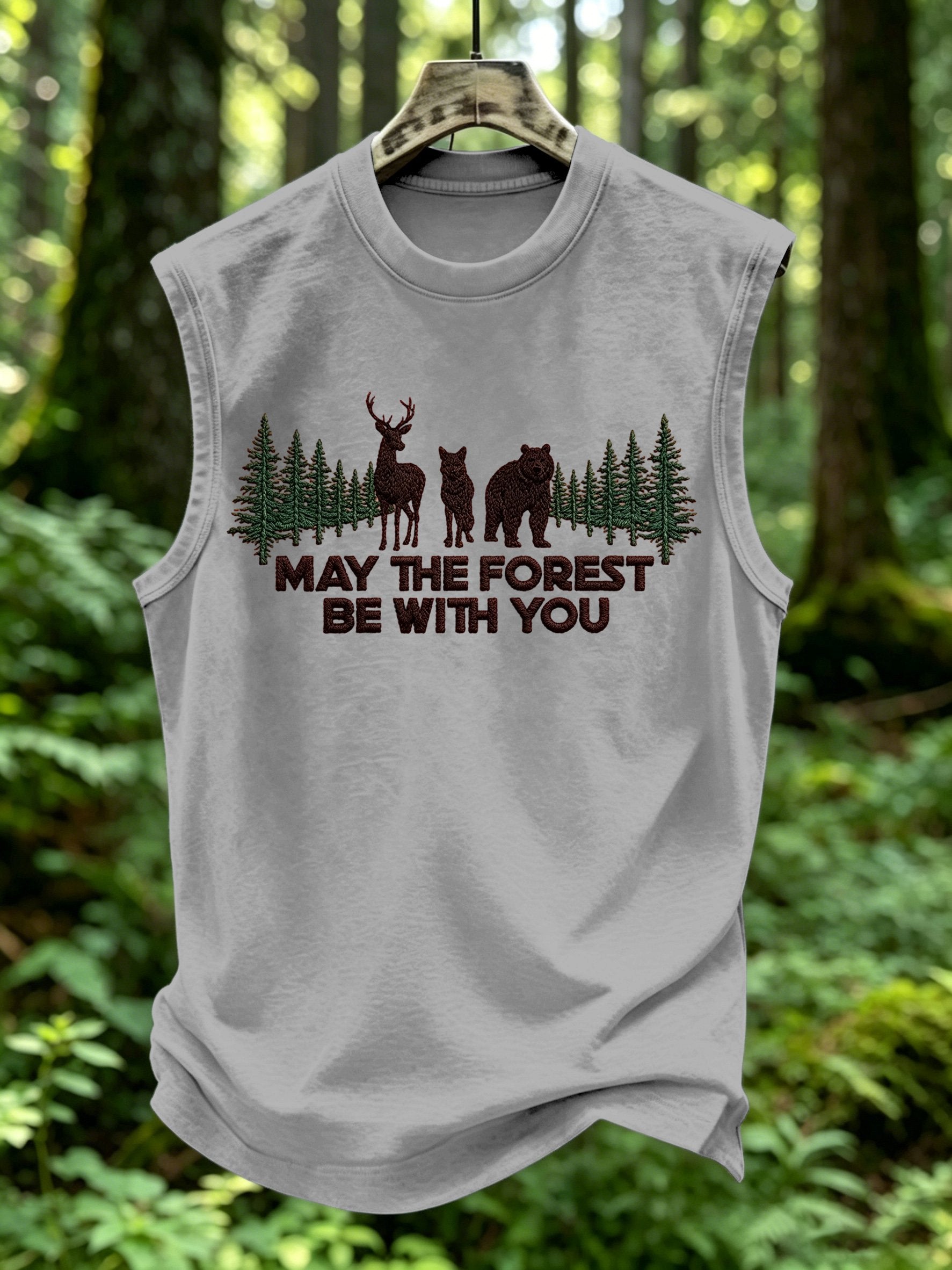 Men's Retro May The Forest Be With You Print Round Neck Vest