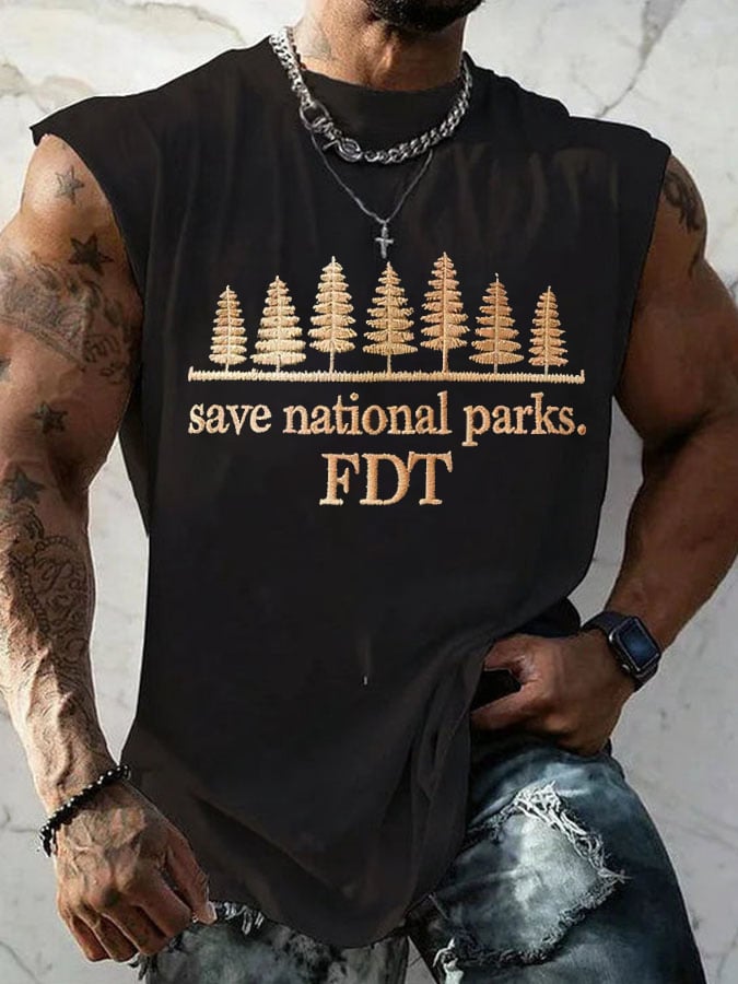 Men'S Retro Save National Parks FDT Print Sleeveless Tank Top