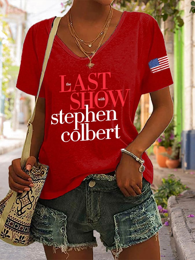Off V-Neck Retro Last Show Print T-Shirt
