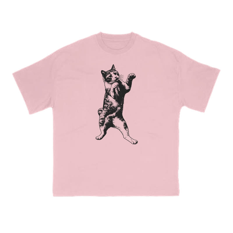 Funny Fighting Cat Print T-shirt