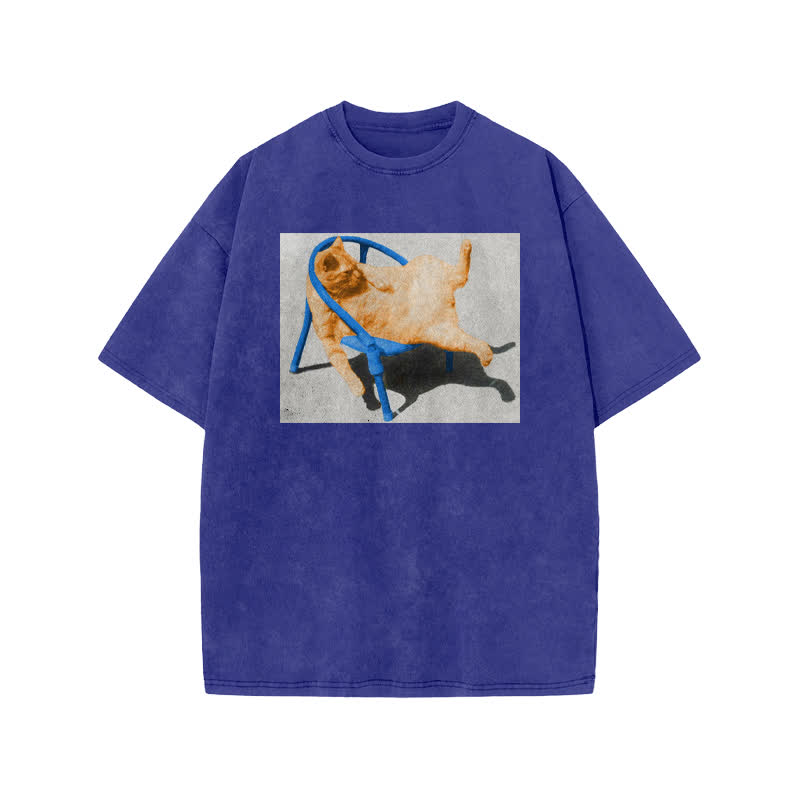 Unisex Cat Lying Flat Print Acid Washed T-shirt