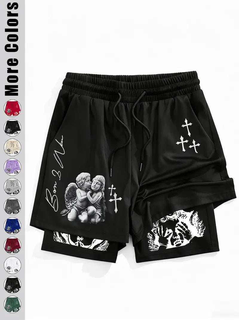 Unisex Angel Cross Print Double Layer Shorts