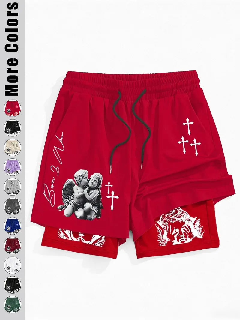 Unisex Angel Cross Print Double Layer Shorts