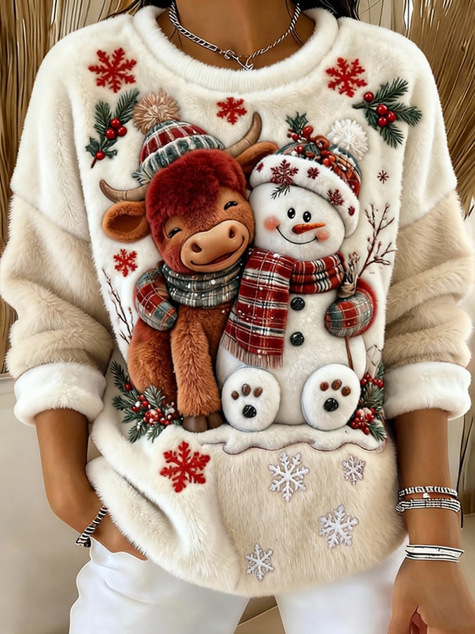 Women's Animal Highland Cow Art Print Crew Neck Top