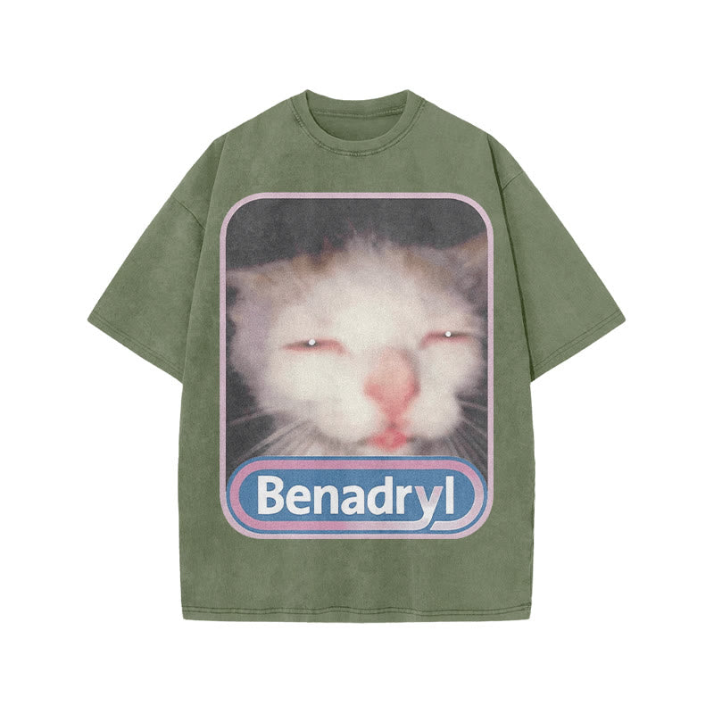 Unisex Benadryl Meme Cat Art Print Acid Washed T-shirt