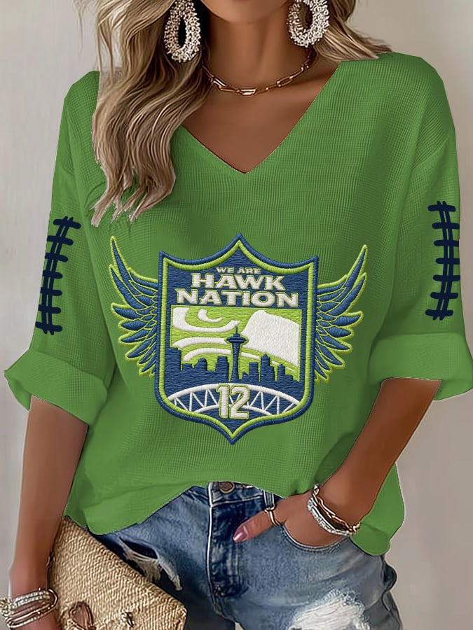 Women's V-Neck Retro Football Print T-Shirt