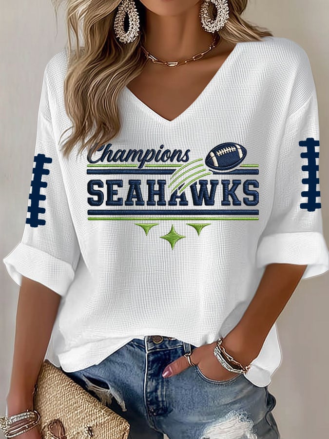 Women's Football Print Waffle Long Sleeve T-Shirt