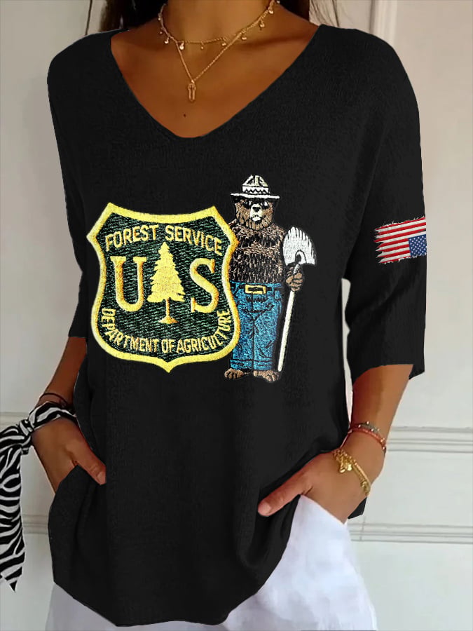 V- Neck Retro Save The Forest Service Print Shirt