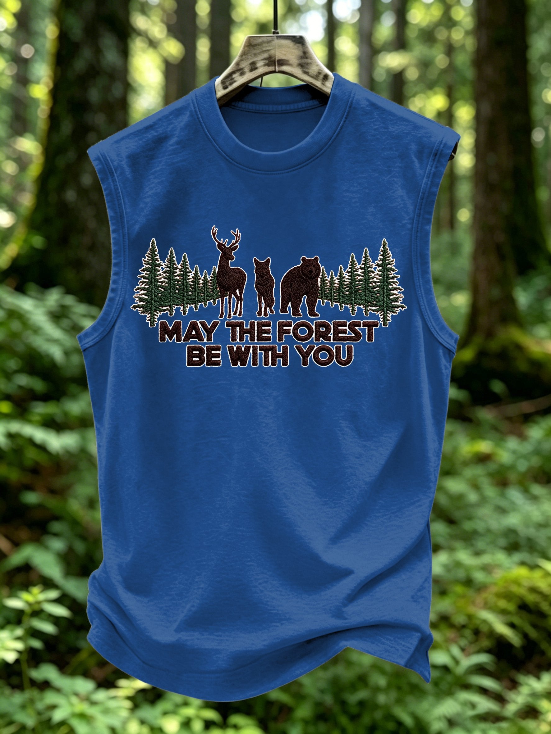 Men's Retro May The Forest Be With You Print Round Neck Vest