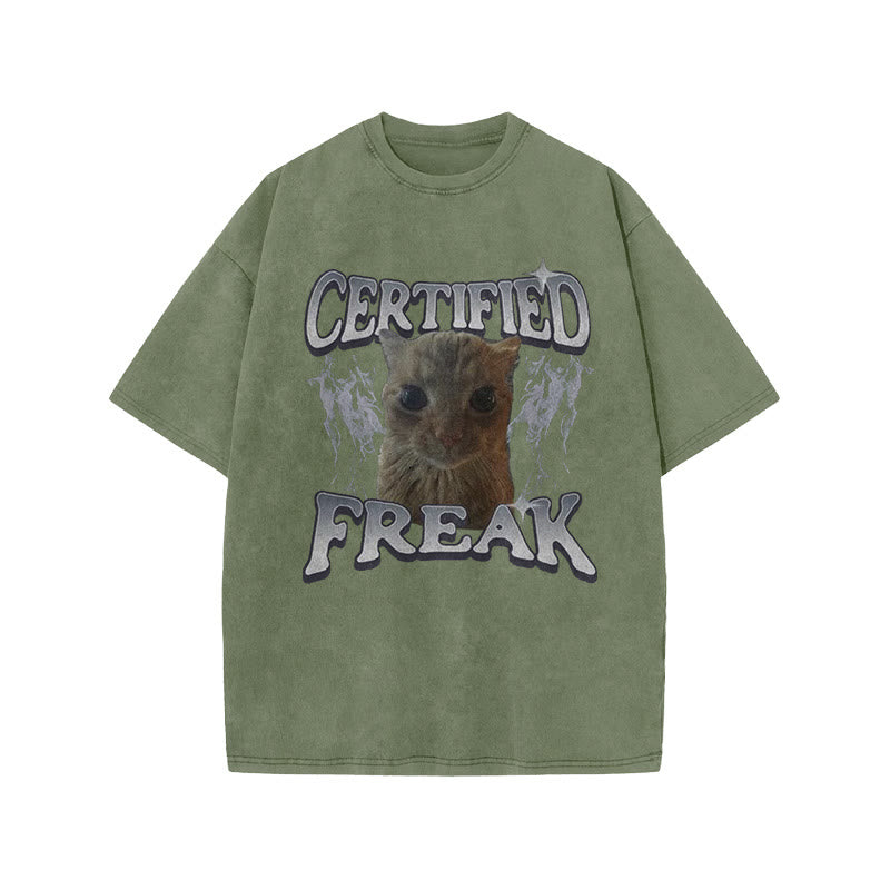 Unisex Certified Freak Funny Cat Print Acid Washed T-shirt