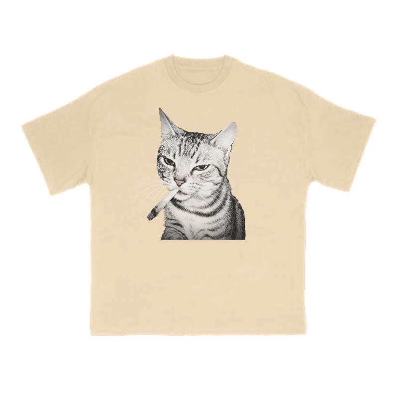 Tabby Cat With A Cigarette In Its Mouth Print T-shirt