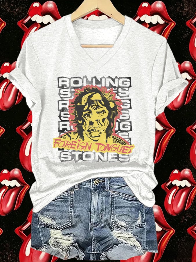 Women's V-Neck Retro Foreign Tongues Print T-shirt