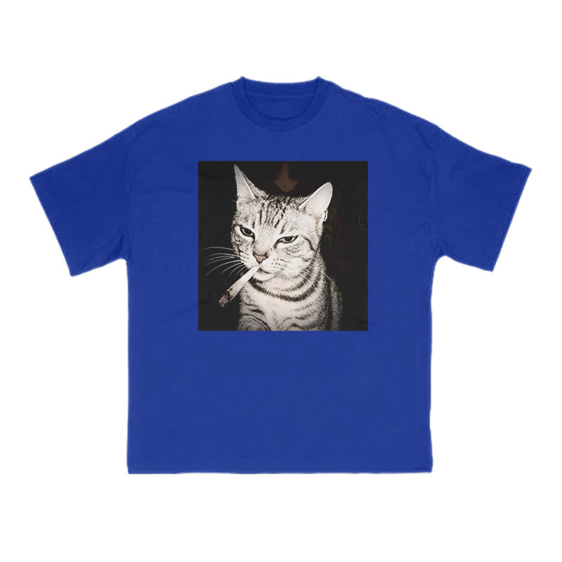 Unisex Smoking Tabby Cat Print T-shirt