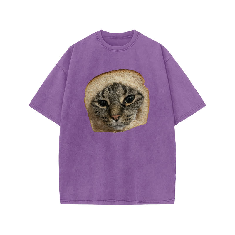 Unisex Toast Cat Print Acid Washed T-shirt