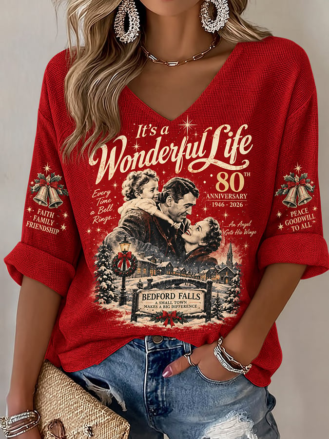 Women's Every Time A Bell Rings An Angel Gets Its Wings Christmas Print V Neck Top