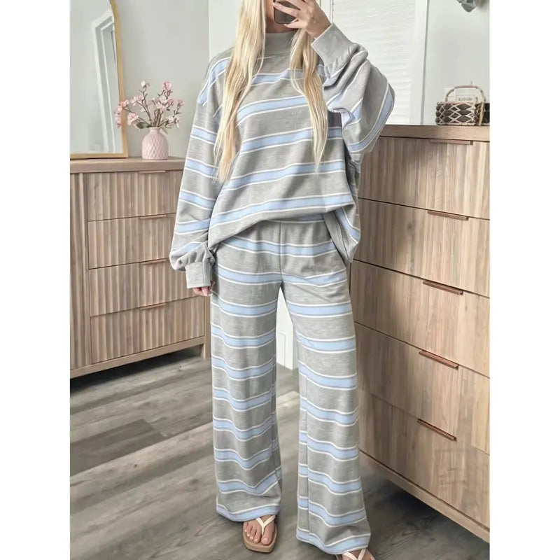 ⏳ Last day to save 50%✨🔥 Striped Oversized Sweatshirt & Wide Leg Pants Lounge Set ✨