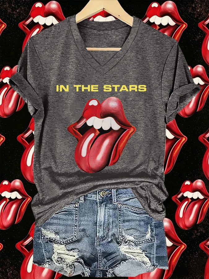 Women's V-Neck Retro Foreign Tongues Print T-shirt