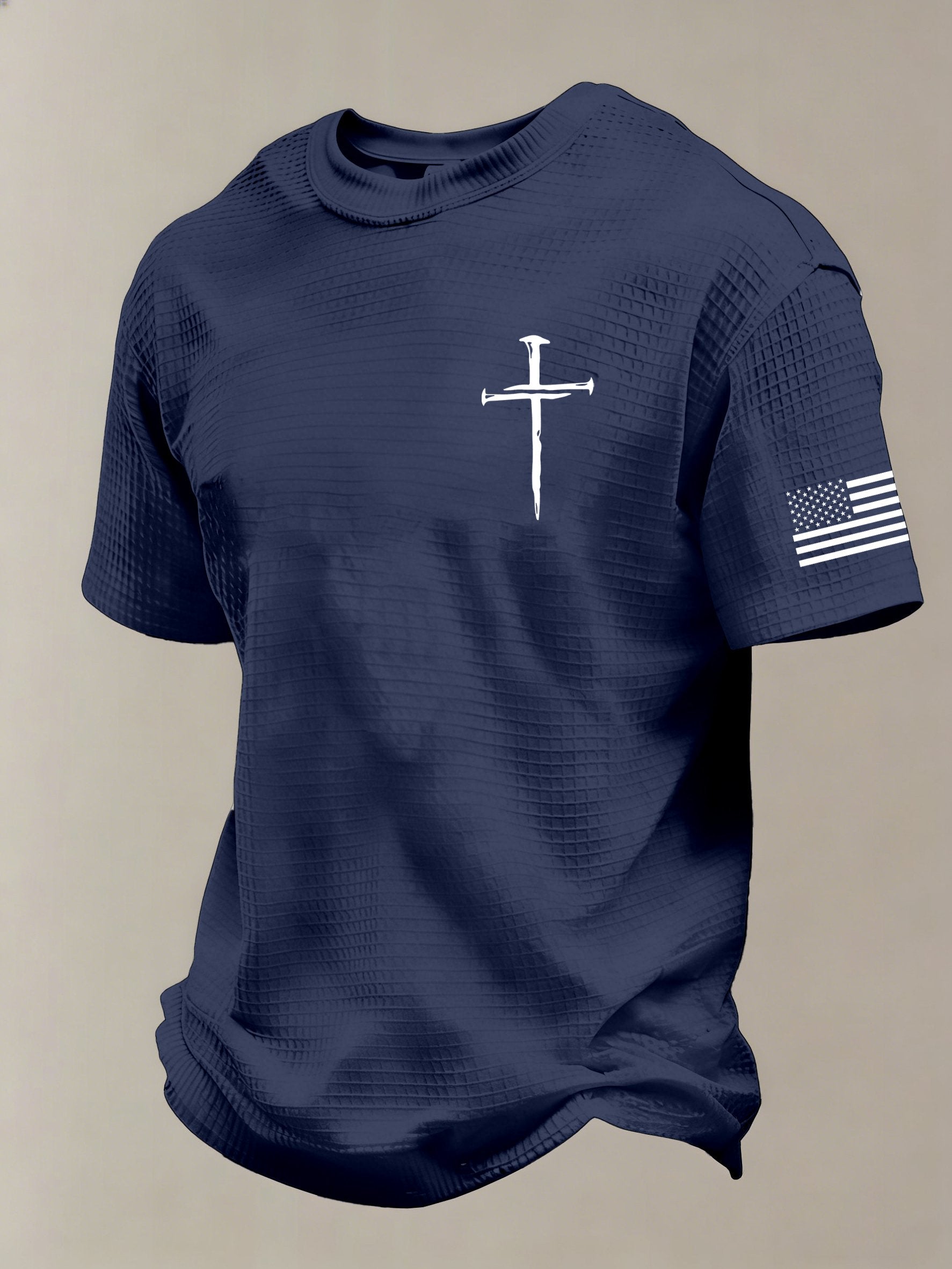 Men'S Vintage Faith Cross Flag Print Waffle-Knit Fabric T-Shirt