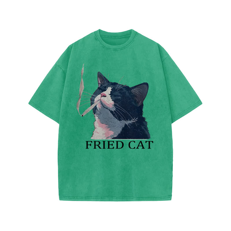 Unisex Fried Cat Print Acid Washed T-shirt