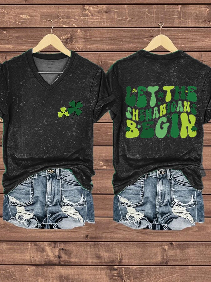 Women's Funny St. Patrick's Day Let The Shenaigans Begin Shamrocks Print Casual V-Neck Tee