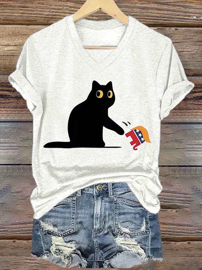 Women's FDT Black Cat Print V-Neck T-Shirt