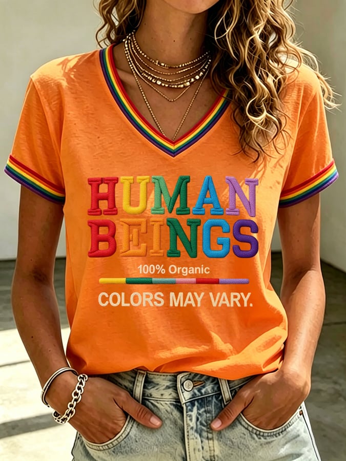 Women's Human Beings Colors May Vary Print V Neck T-shirt