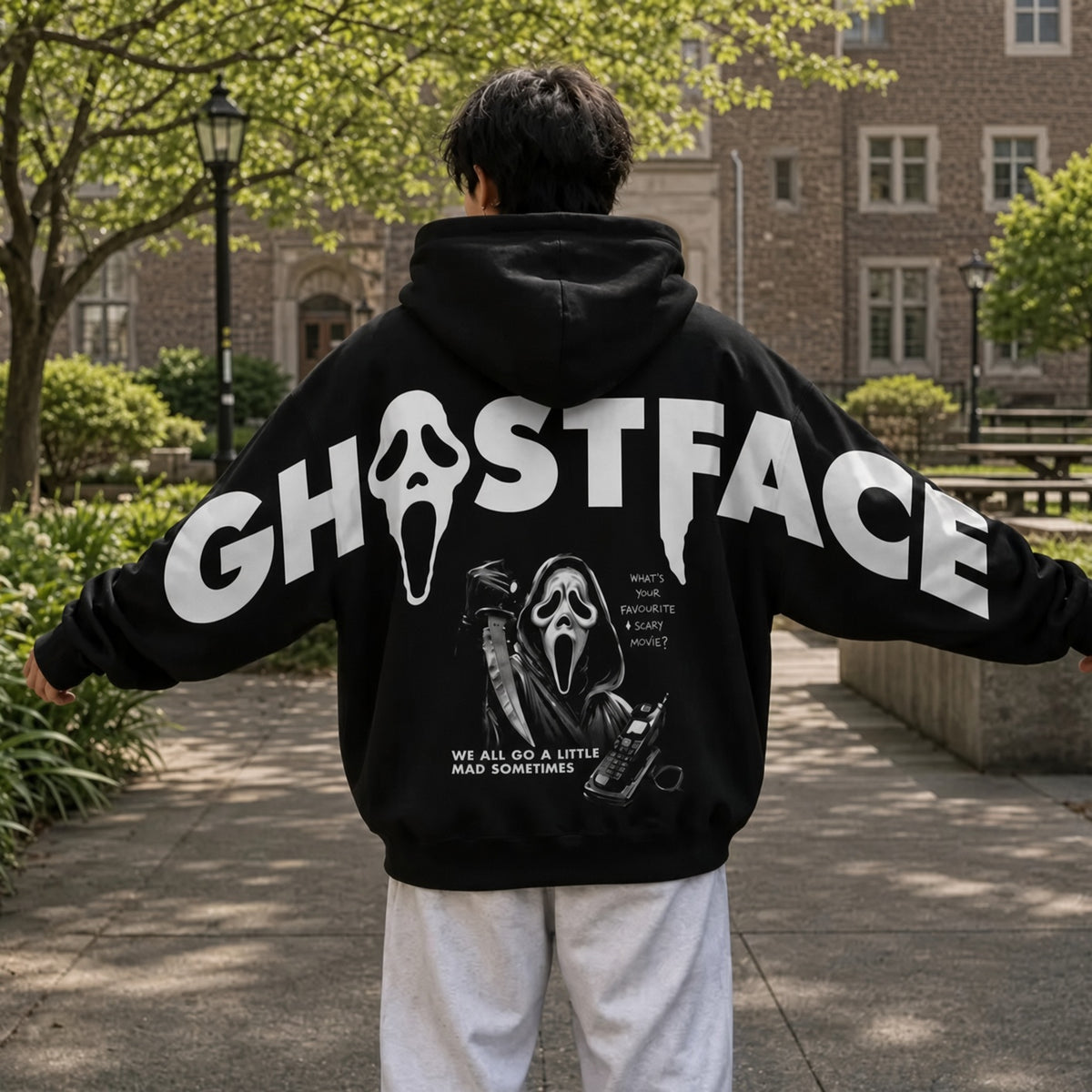 Unisex Halloween Retro 90's Funny Ghostface Shoulder-to-Shoulder Back Lettering Sweatshirt Hoodie