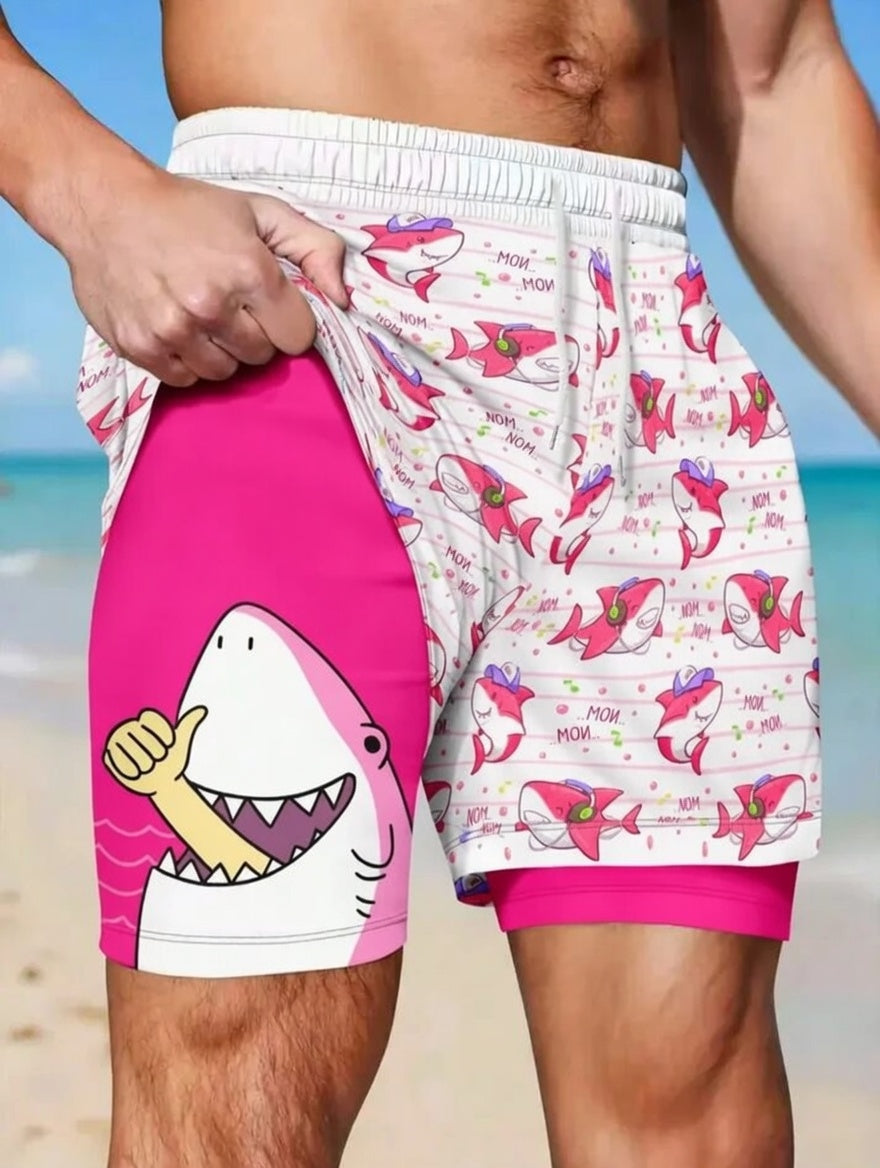 Unisex Funny Cartoon Shark Music Note Print Quick Dry Stretch Short Pants