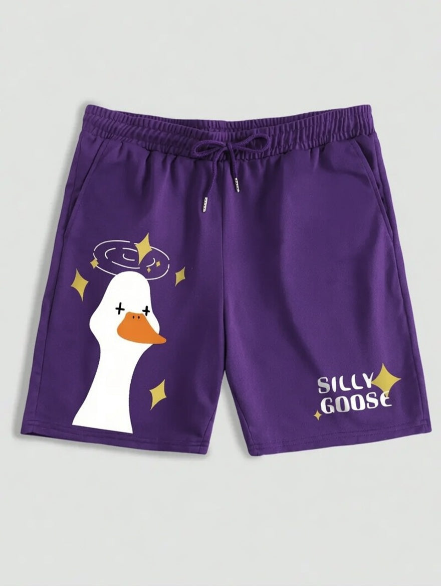 Unisex Cartoon Goose & Letter Print Drawstring Shorts