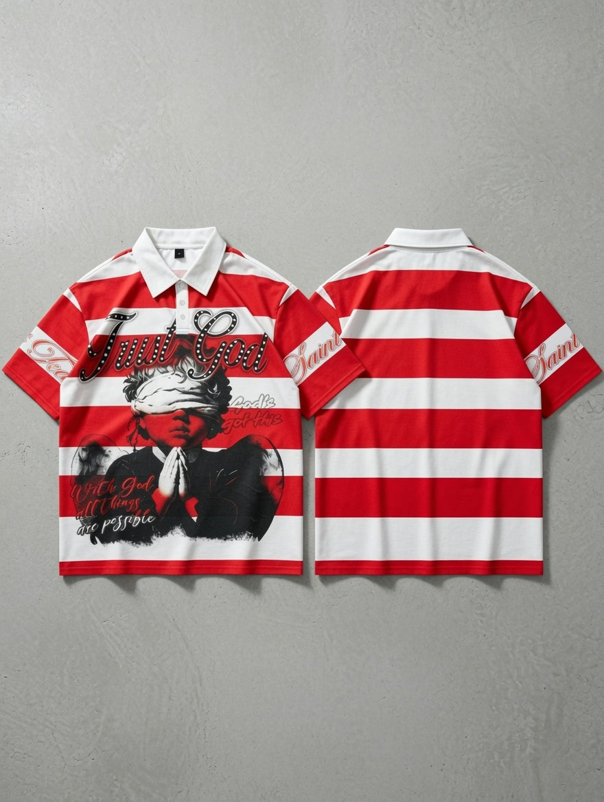 Unisex American Retro Religious Theme Striped Polo Shirt