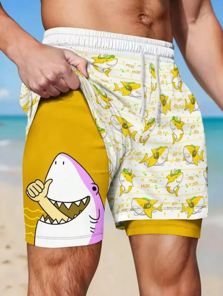 Unisex Funny Cartoon Shark Music Note Print Quick Dry Stretch Short Pants