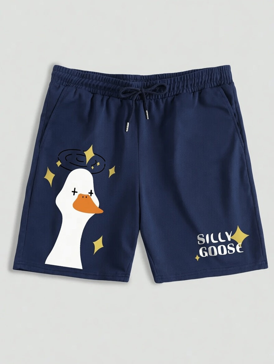 Unisex Cartoon Goose & Letter Print Drawstring Shorts