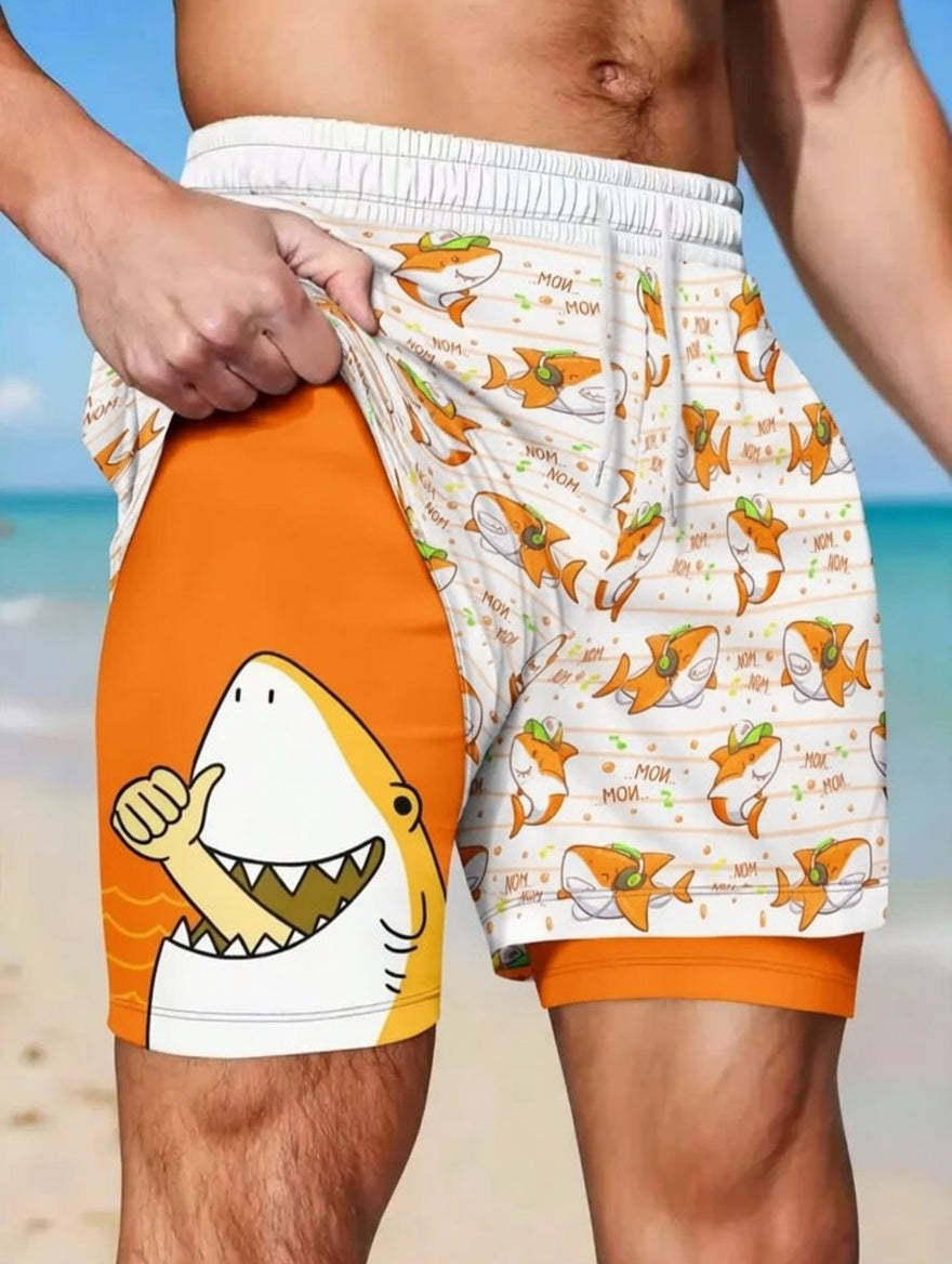 Unisex Funny Cartoon Shark Music Note Print Quick Dry Stretch Short Pants